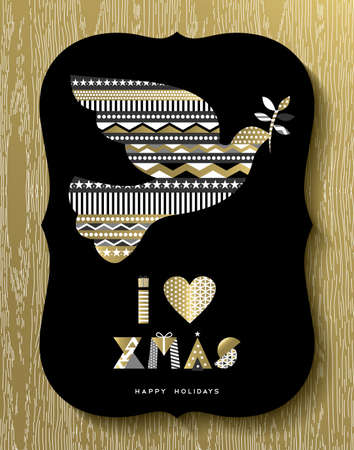 Gold Merry Christmas and Happy New Year greeting card design, abstract holiday dove bird as xmas gift label.のイラスト素材