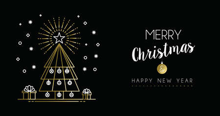 Merry christmas and new Year gold social media header in modern outline art style, pine tree illustration with holiday decoration.のイラスト素材