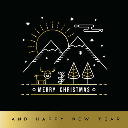 Merry Christmas and New Year gold greeting card in modern outline art style, winter forest illustration with holiday decorationのイラスト素材