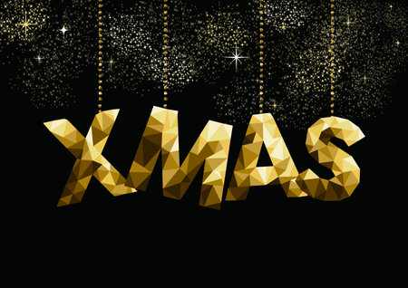 Merry Christmas gold holiday greeting card design, low poly decoration on fireworks sky.のイラスト素材