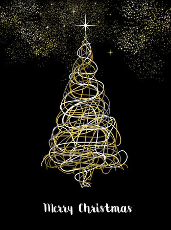 Merry Christmas gold pine tree greeting card design in abstract scribble doodle style.のイラスト素材