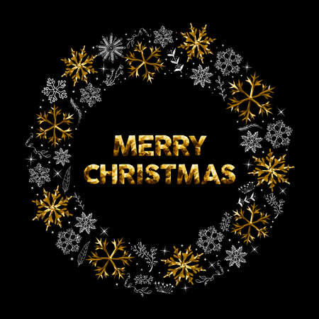 Merry Christmas design with gold snowflakes and hand drawn snow icons as holiday wreath. EPS10 vector.のイラスト素材