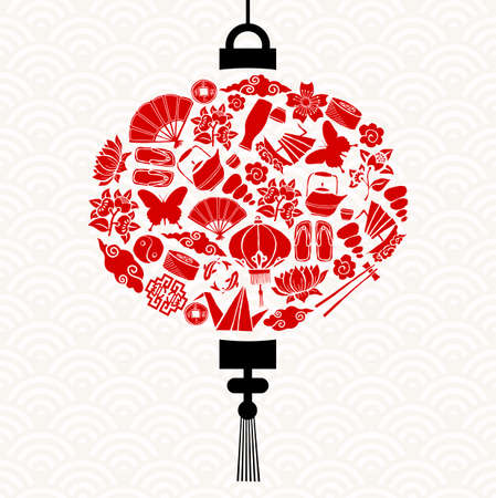 Chinese New Year celebration lamp shape concept decoration made of red color icons. Traditional asian culture elements and nature symbols.のイラスト素材