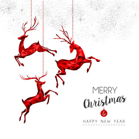 Merry Christmas red color holiday decoration, abstract low poly reindeer illustration on firework sky.のイラスト素材