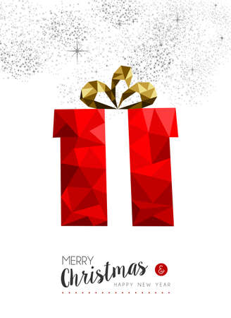 Merry christmas and happy new year red xmas gift box ornament in low poly style, holiday decoration card design.のイラスト素材
