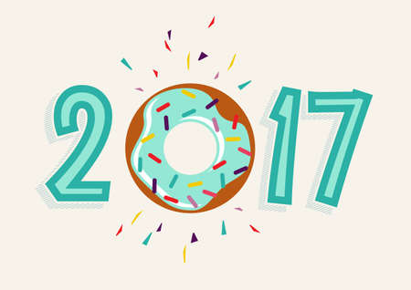 Happy New Year 2017, fun typography design with sweet donut cake element as number.のイラスト素材