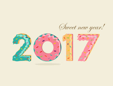Sweet Happy New Year 2017, fun typography design with dessert donut cake food numbers.のイラスト素材