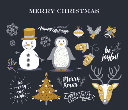 Cute Merry Christmas set of decoration elements in vintage style.のイラスト素材