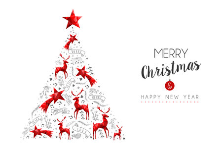 Merry Christmas Happy New Year red vintage decoration. Pine tree design with holiday and reindeer ornaments.のイラスト素材