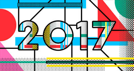 New Year typography design for holiday season decoration. 2017 date number in retro pop art style with colorful geometric shapes.のイラスト素材