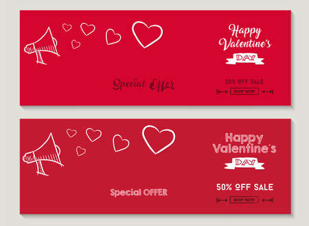 Valentines day set of special sale designs, red color discount social media cover templates for business or shop holiday with hand drawn elements. EPS10 vector.のイラスト素材