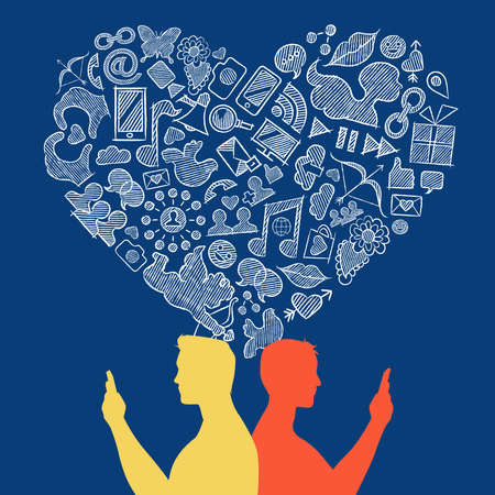 Internet gay social media love concept illustration. Two men couple on mobile with hand drawn icons in heart shape. EPS10 vector.のイラスト素材