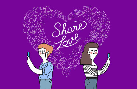 Internet social media love and friendship concept illustration. Retro fashion women couple on phone...