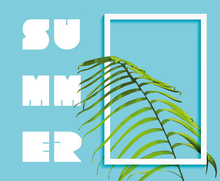 Tropical summer art with jungle nature decoration inside frame. Palm tree leaves background, exotic...