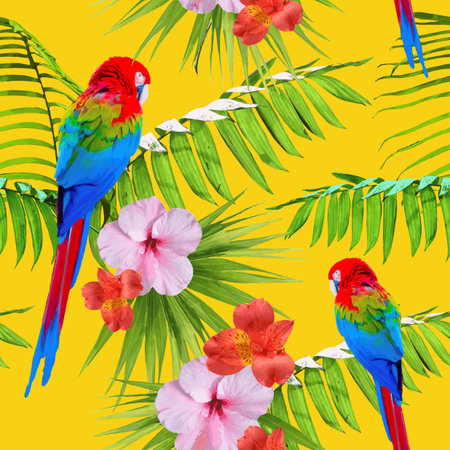 Tropical seamless pattern print with exotic summer nature decoration. Includes hibiscus flowers,...
