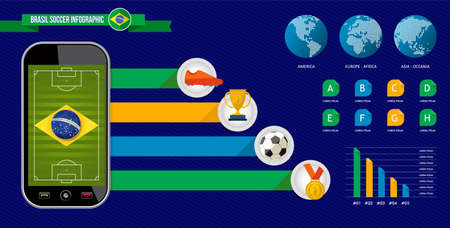 Brazil soccer infographic with phone template for football game social information. Includes organized lists, icons and statistics. EPS10 vector.のイラスト素材