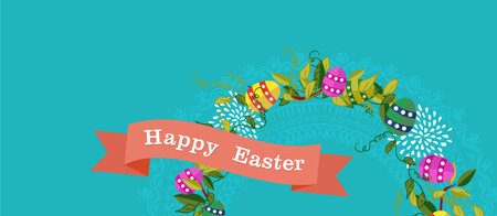 Happy easter banner design, traditional eggs and nature elements with spring decoration. vector.のイラスト素材