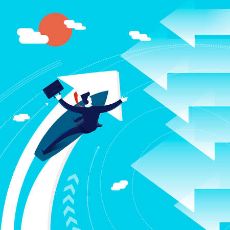 Business concept illustration: entrepreneur or executive man surfing in a new direction. Modern flat art design for professional project. EPS10 vector.のイラスト素材