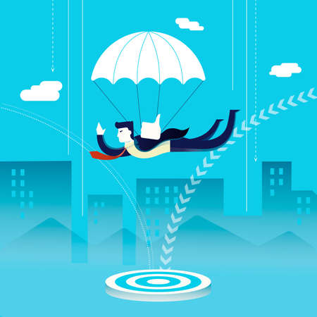 Business investment concept illustration, businessman inverstor with parachute landing on goal. Modern flat art design for professional project. EPS10 vector.のイラスト素材