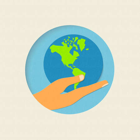 Earth day concept illustration for world environment care. Paper cut human hand holding planet. EPS10 vector.のイラスト素材