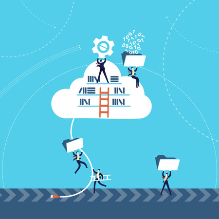 Business technology concept illustration, businessmen team using cloud data storage on internet network.のイラスト素材