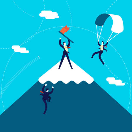 Business success concept illustration, team of businessmen climbing mountain top to reach goal.のイラスト素材