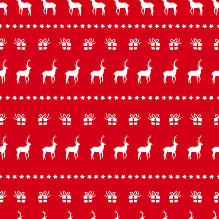Merry Christmas traditional seamless pattern, hand drawn holiday ornaments in red color. Doodles of reindeer, gift and star. EPS10 vector.のイラスト素材
