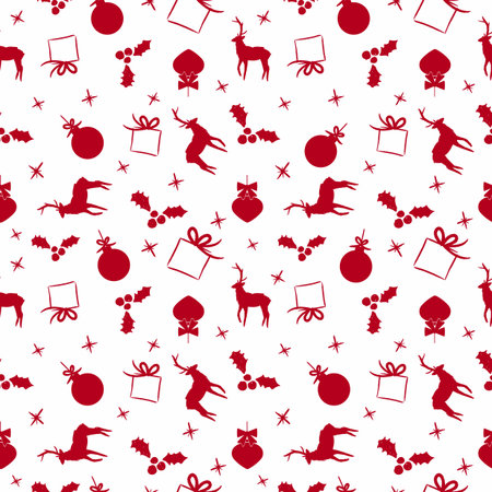 Merry Christmas seamless pattern of hand drawn seasonal decoration in red color. Includes reindeer, gift, ornament bauble and holly. EPS10 vector.のイラスト素材