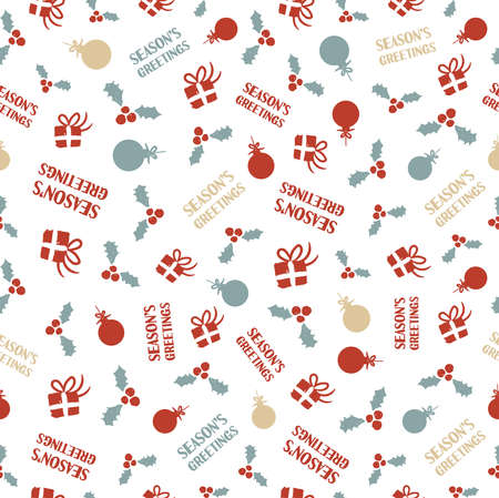 Merry Christmas seamless pattern of hand drawn seasonal decoration. Includes ornament bauble, gift, holly and holiday quote. EPS10 vector.のイラスト素材