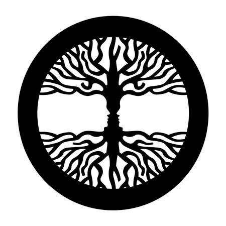 Visual illusion symbol with tree branches and opposite people faces. Concept illustration for psychology, environment, therapy, social development or human sciences. EPS10 vector.のイラスト素材