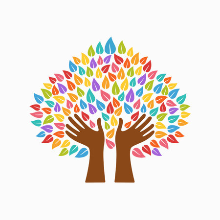 Tree symbol with human hands and multicolor leaves. Concept illustration for organization help, environment project or social work. EPS10 vector.のイラスト素材