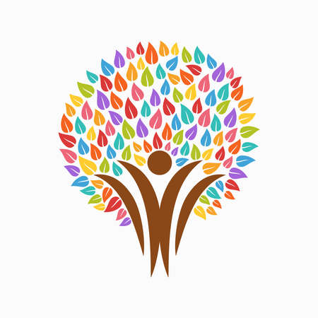 Colorful tree symbol with people silhouettes. Concept illustration for organization help, environment project or social work. EPS10 vector.のイラスト素材
