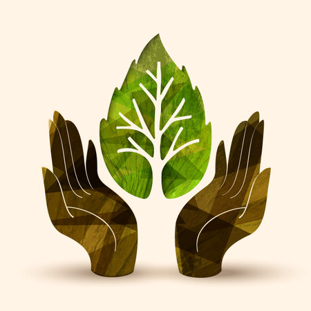 Human hands holding green tree leaf symbol with nature texture. Concept illustration for environment care or help project. EPS10 vector.のイラスト素材
