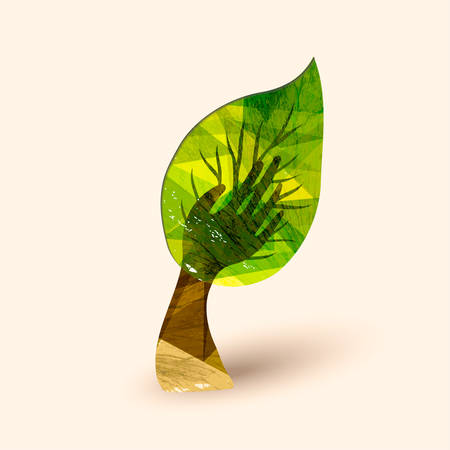 Hand tree art with wood texture and big leaf. Concept illustration for environment care or nature help project. EPS10 vector.のイラスト素材