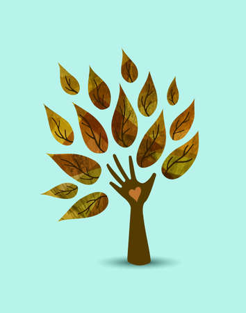 Hand tree art with wood texture and autumn leaves. Concept illustration for environment care or nature help project. EPS10 vector.のイラスト素材