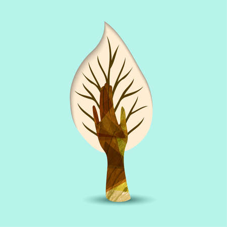 Hand tree art with wood texture and big leaf. Concept illustration for environment care or nature help project. EPS10 vector.のイラスト素材