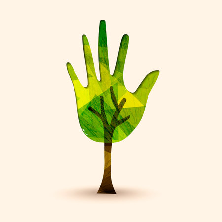 Green hand tree symbol with wood texture. Concept illustration for environment care or nature help project. EPS10 vector.のイラスト素材
