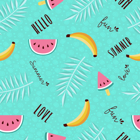 Happy summer tropical seamless pattern design with watermelon, banana, palm leaf and calligraphy...