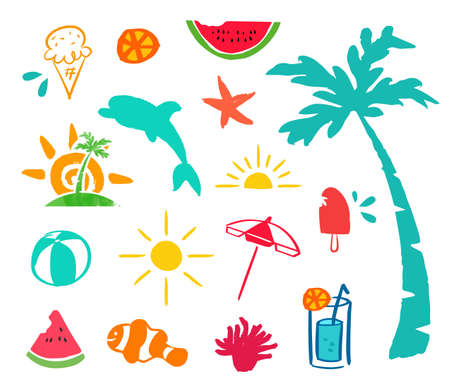 Summer doodle icon set, hand drawn decoration elements for summertime season; Includes party drink, sea animals and beach umbrella.のイラスト素材