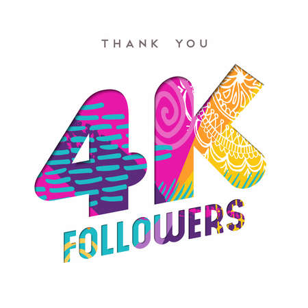 4000 followers thank you paper cut number illustration. Special 4k user goal celebration for four thousand social media friends, fans or subscribers. EPS10 vector.のイラスト素材