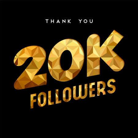 20000 followers thank you gold paper cut number illustration. Special 20k user goal celebration for twenty thousand social media friends, fans or subscribers. EPS10 vector.のイラスト素材