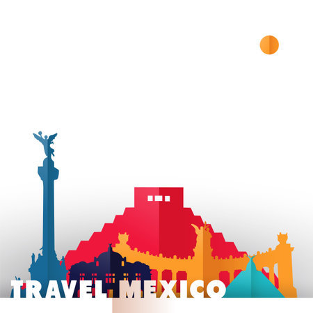 Travel Mexico concept illustration in paper cut style, famous world landmarks of mexican country. Includes Aztec pyramid, monument to independence, fine arts palace. EPS10 vector.のイラスト素材