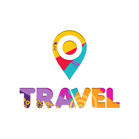 Summer vacation travel quote with gps location icon in paper cut style. Colorful fun typography sign. EPS10 vector.のイラスト素材