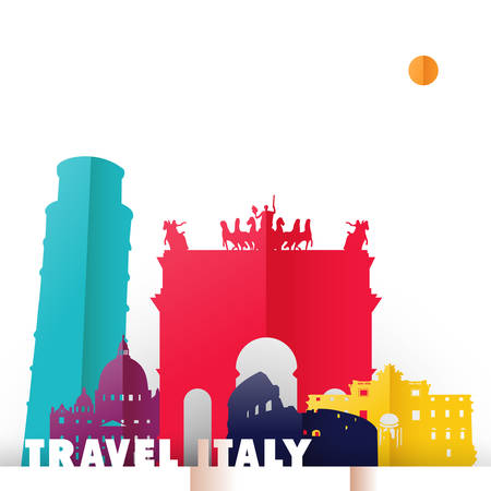 Travel Italy concept illustration in paper cut style, famous world landmarks of Italian country. Includes Pisa tower, Roman Colosseum, Trevi fountain. EPS10 vector.のイラスト素材