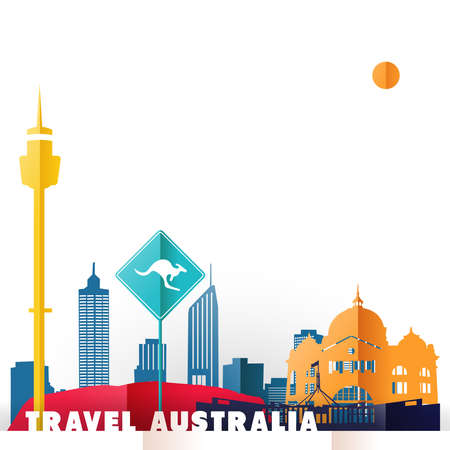 Travel Australia concept illustration in paper cut style, famous world landmarks of Australian country. Includes Sydney tower, kangaroo sign, Melbourne railway station. EPS10 vector.のイラスト素材