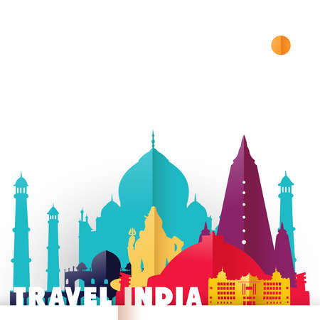 Travel India concept illustration in paper cut style, famous world landmarks of Indian country. Includes Taj Mahal, Shiva statue, Buddhist temples. EPS10 vector.のイラスト素材