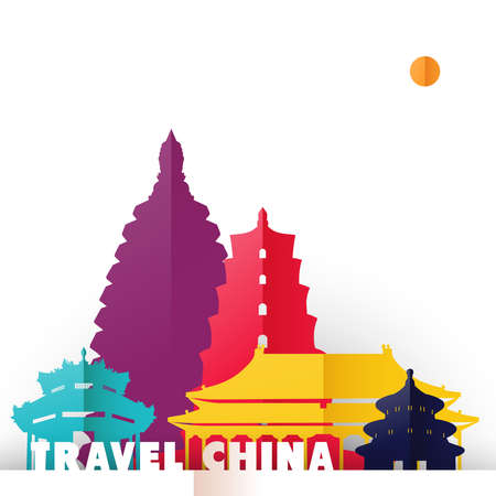 Travel China concept illustration in paper cut style, famous world landmarks of Chinese country. Includes forbidden city, heaven temple, ancient pagodas. EPS10 vector.のイラスト素材