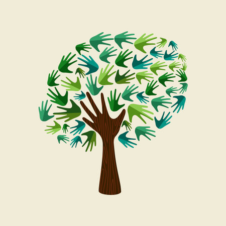 Green tree symbol with human hands. Concept illustration for organization help, environment project or social work. EPS10 vector.のイラスト素材