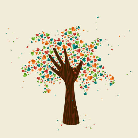 Hand tree love symbol with colorful hearts. Concept illustration for organization help, environment project or social work. EPS10 vector.のイラスト素材