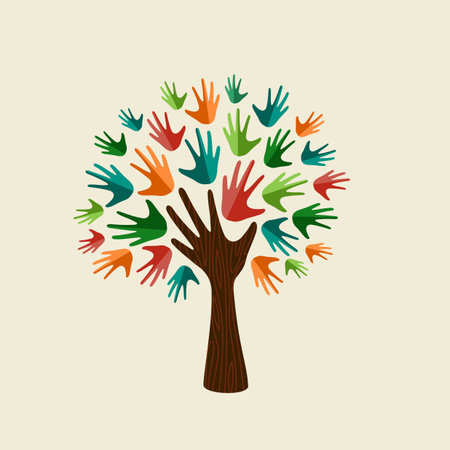 Tree symbol with colorful human hands. Concept illustration for organization help, environment project or social work. EPS10 vector.のイラスト素材